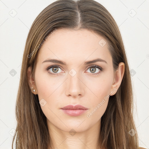 Neutral white young-adult female with long  brown hair and brown eyes