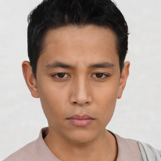 Neutral asian young-adult male with short  black hair and brown eyes