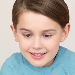 Joyful white child female with short  brown hair and brown eyes