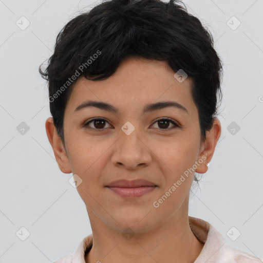 Joyful asian young-adult female with short  black hair and brown eyes