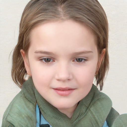 Joyful white child female with medium  brown hair and grey eyes