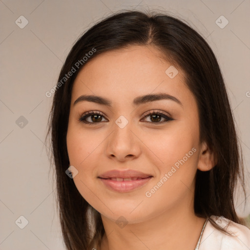 Joyful white young-adult female with long  brown hair and brown eyes