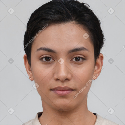 Neutral asian young-adult female with short  brown hair and brown eyes