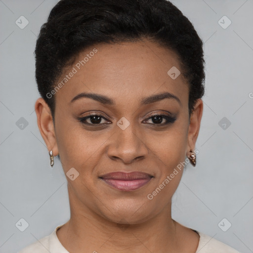 Joyful black young-adult female with short  brown hair and brown eyes