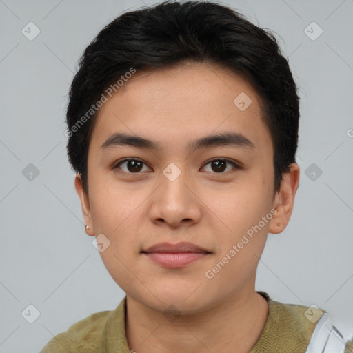 Neutral asian young-adult male with short  brown hair and brown eyes