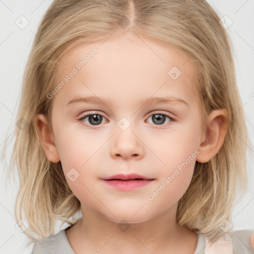 Neutral white child female with medium  brown hair and blue eyes