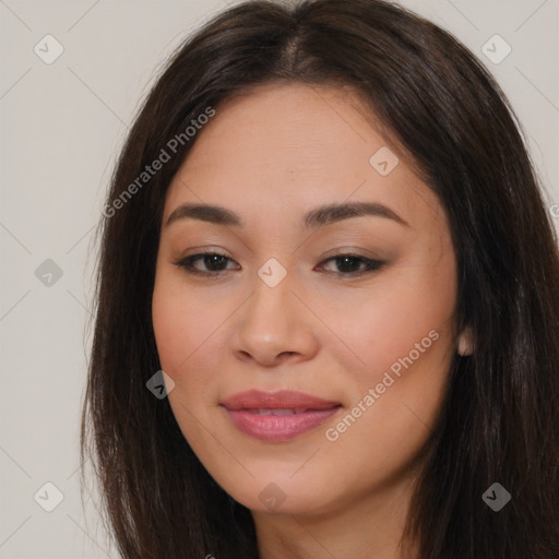 Joyful asian young-adult female with long  brown hair and brown eyes