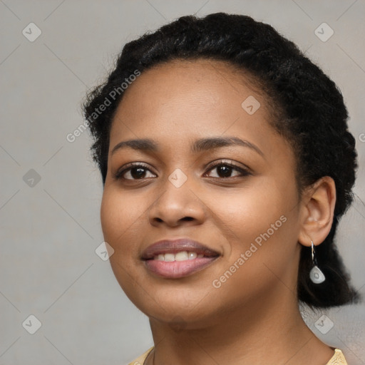 Joyful latino young-adult female with long  black hair and brown eyes