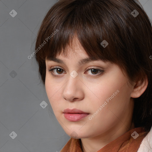 Neutral white young-adult female with medium  brown hair and brown eyes