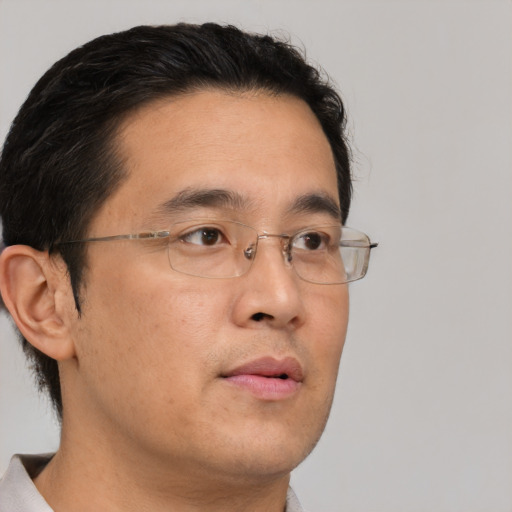 Neutral asian young-adult male with short  brown hair and brown eyes