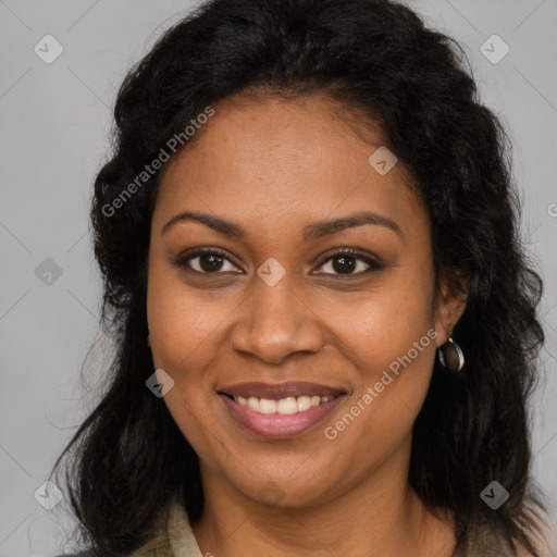 Joyful black young-adult female with long  brown hair and brown eyes