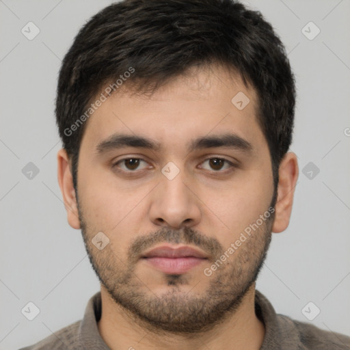 Neutral white young-adult male with short  brown hair and brown eyes