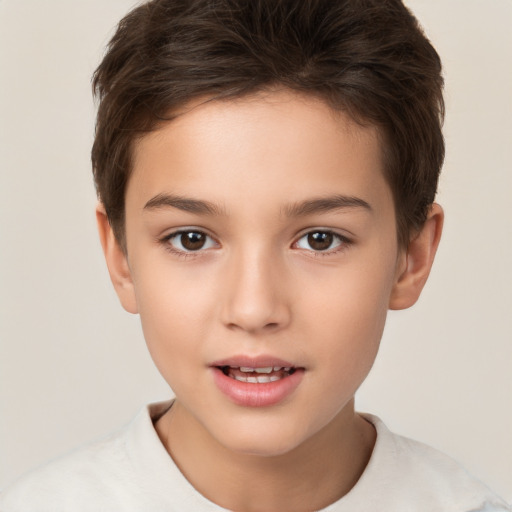 Joyful white child female with short  brown hair and brown eyes