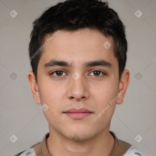 Neutral white young-adult male with short  brown hair and brown eyes