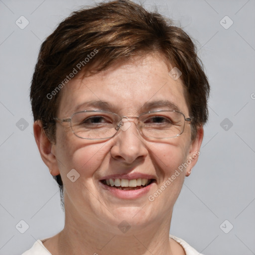 Joyful white adult female with short  brown hair and grey eyes