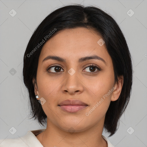 Joyful latino young-adult female with medium  black hair and brown eyes