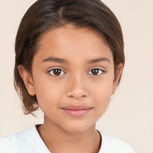 Joyful white child female with medium  brown hair and brown eyes