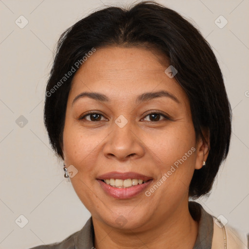 Joyful white adult female with medium  brown hair and brown eyes