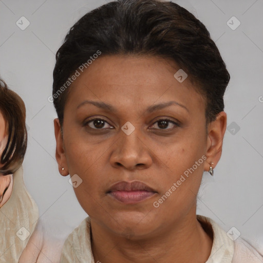 Joyful latino adult female with medium  brown hair and brown eyes