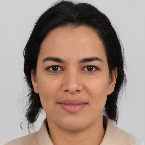 Joyful asian young-adult female with medium  black hair and brown eyes
