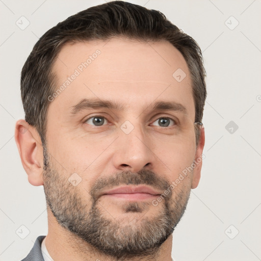 Neutral white adult male with short  brown hair and brown eyes