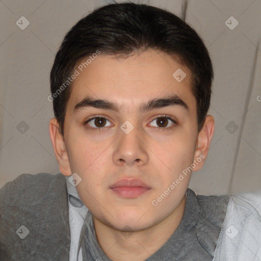 Neutral white young-adult male with short  brown hair and brown eyes