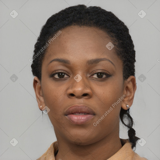 Neutral black young-adult female with short  brown hair and brown eyes