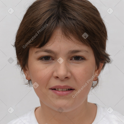 Joyful white young-adult female with medium  brown hair and brown eyes