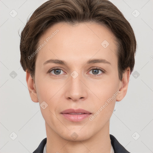 Joyful white young-adult female with short  brown hair and grey eyes