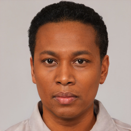 Neutral black young-adult male with short  black hair and brown eyes