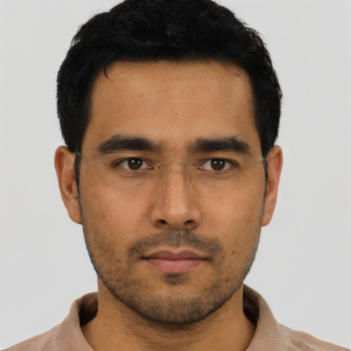 Neutral asian young-adult male with short  black hair and brown eyes