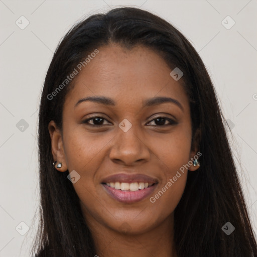 Joyful asian young-adult female with long  brown hair and brown eyes