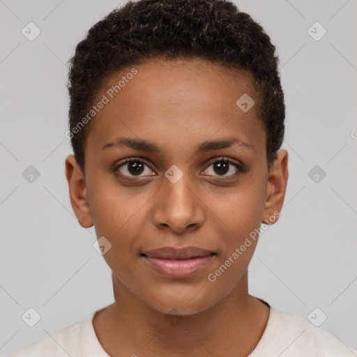 Joyful black young-adult female with short  brown hair and brown eyes