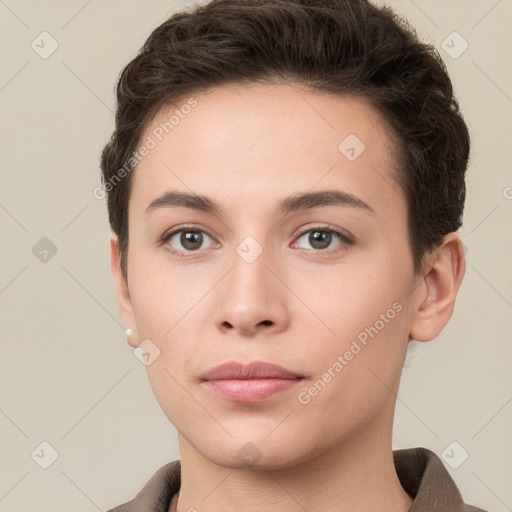 Neutral white young-adult female with short  brown hair and brown eyes