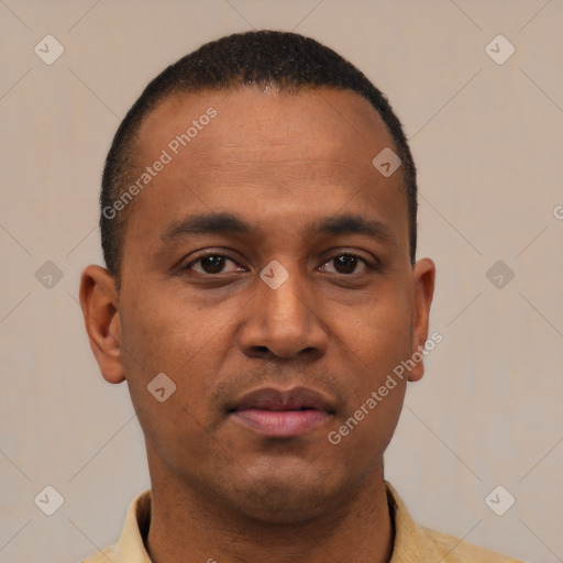 Neutral latino young-adult male with short  black hair and brown eyes