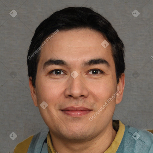 Joyful white adult male with short  black hair and brown eyes