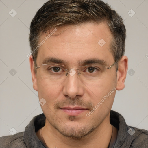 Neutral white adult male with short  brown hair and brown eyes