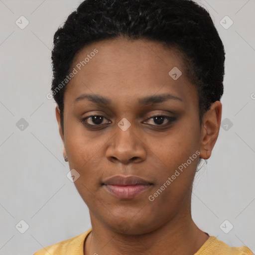 Neutral black young-adult female with short  black hair and brown eyes