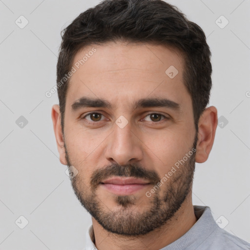 Neutral white young-adult male with short  brown hair and brown eyes