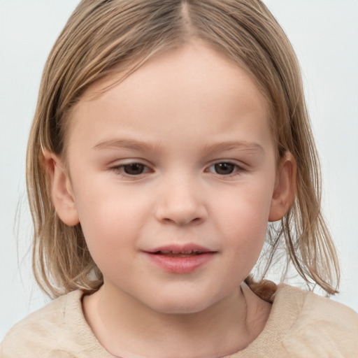 Joyful white child female with medium  brown hair and grey eyes