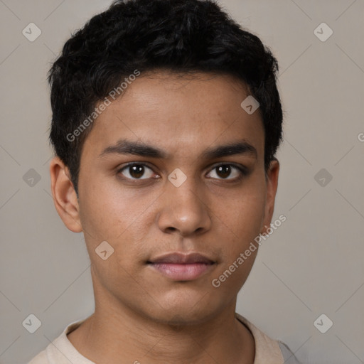 Neutral latino young-adult male with short  brown hair and brown eyes