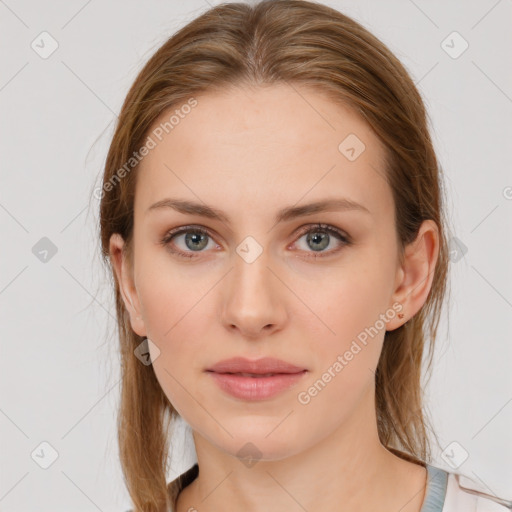 Neutral white young-adult female with medium  brown hair and grey eyes