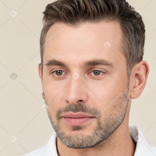 Neutral white adult male with short  brown hair and brown eyes