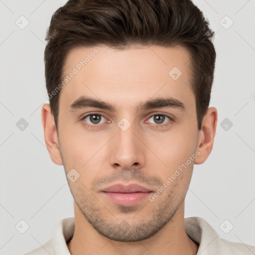 Neutral white young-adult male with short  brown hair and brown eyes