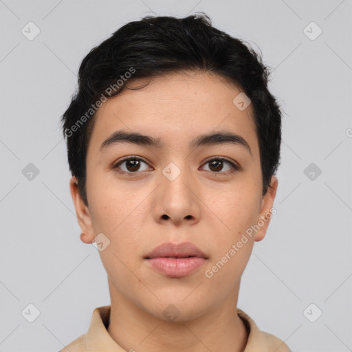 Neutral asian young-adult female with short  black hair and brown eyes