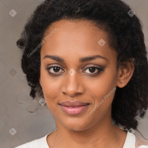 Joyful black young-adult female with medium  black hair and brown eyes