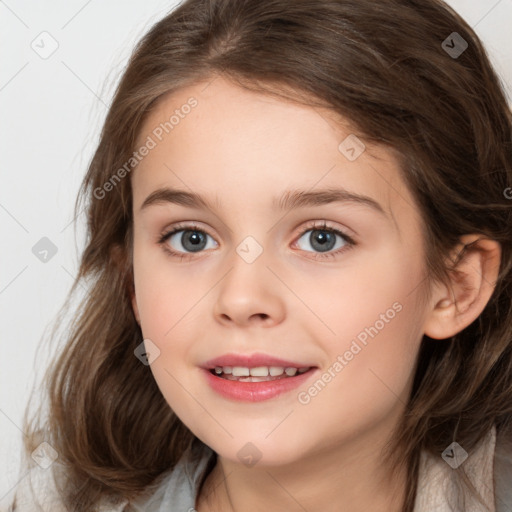 Joyful white child female with medium  brown hair and brown eyes