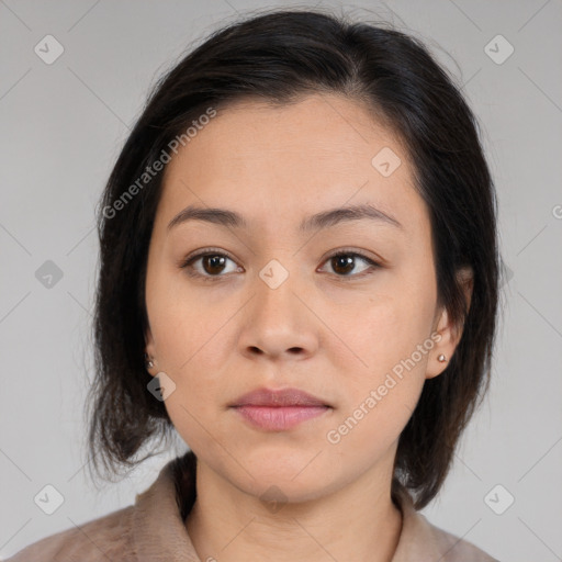 Neutral asian young-adult female with medium  brown hair and brown eyes