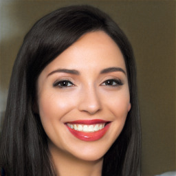 Joyful white young-adult female with long  black hair and brown eyes