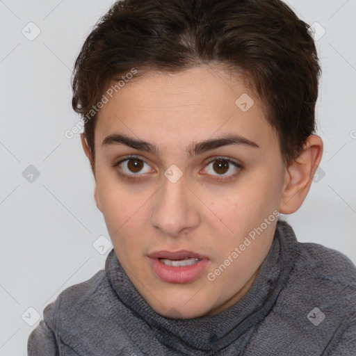 Neutral white young-adult female with short  brown hair and brown eyes